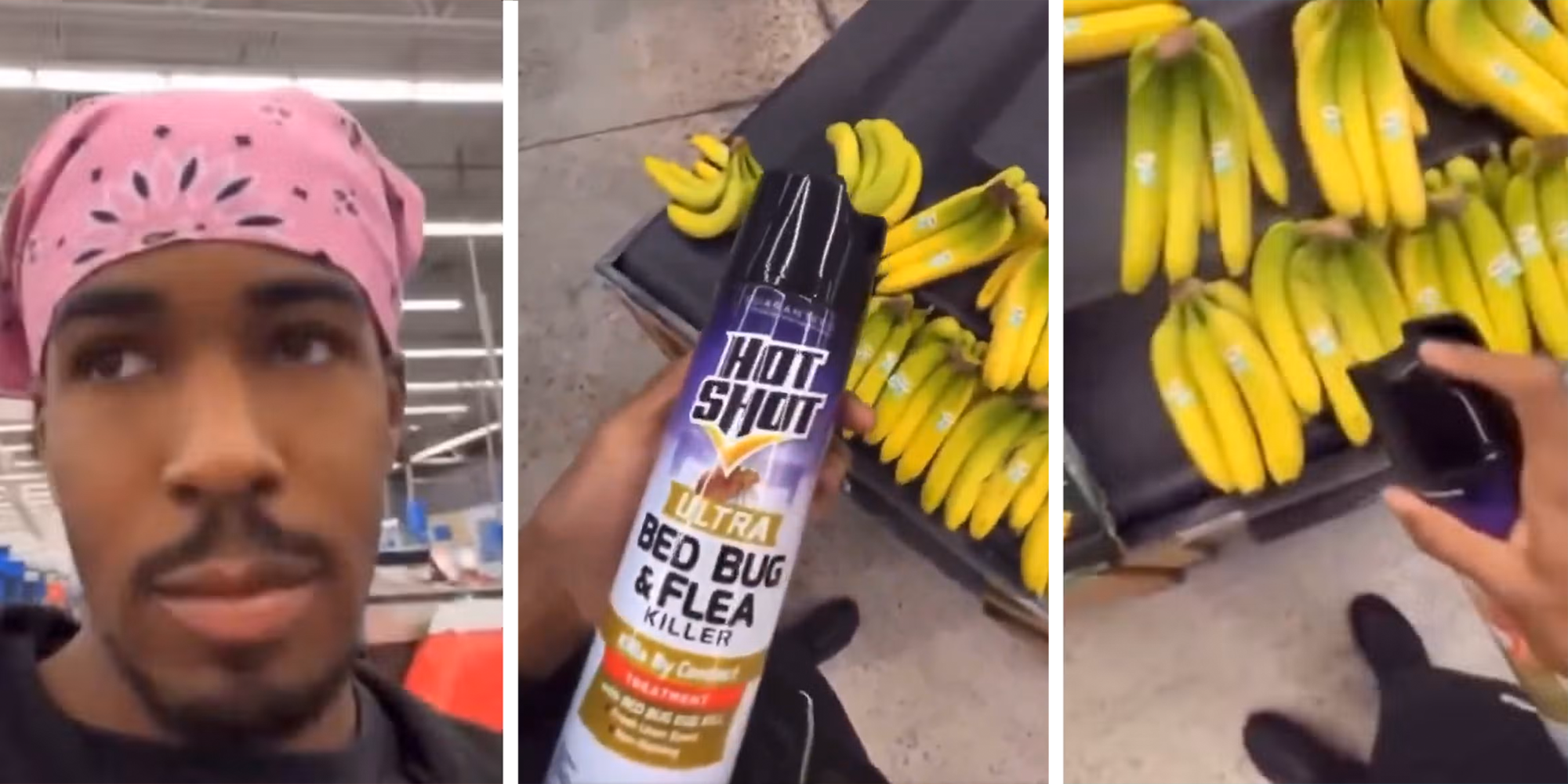 TikToker Wolfie Kahletti spraying Walmart bananas with insecticide as a prank