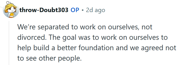 Reddit comment reading "We’re separated to work on ourselves, not divorced. The goal was to work on ourselves to help build a better foundation and we agreed not to see other people."