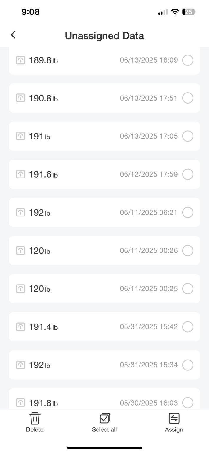Screenshot of weigh-in recordings by a digital scale.