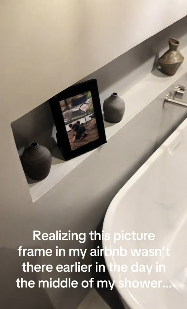 Screenshot of a hidden camera picture frame in a bathroom.