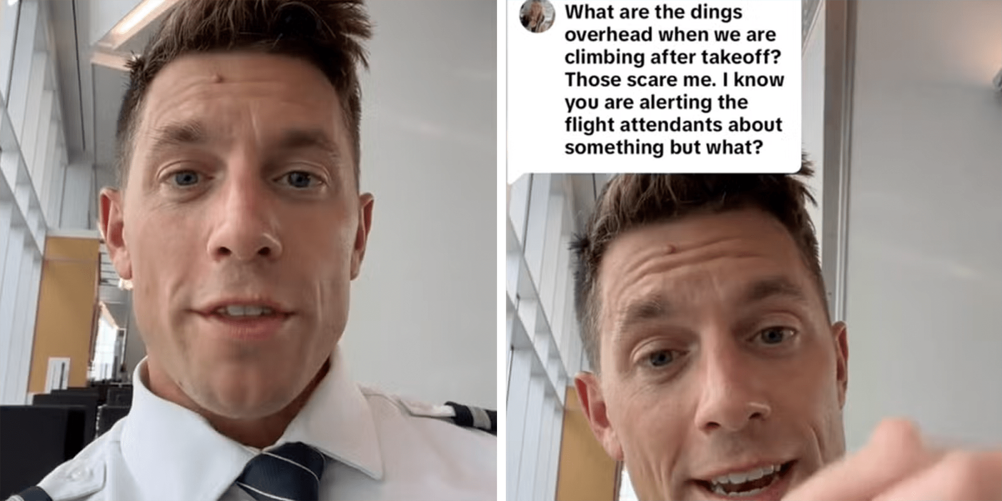 Airplane pilot in uniform speaking into the camera