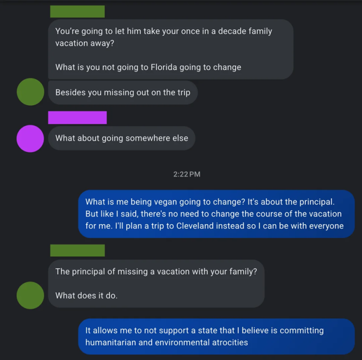 Text conversation arguing about the utility of state boycotts.