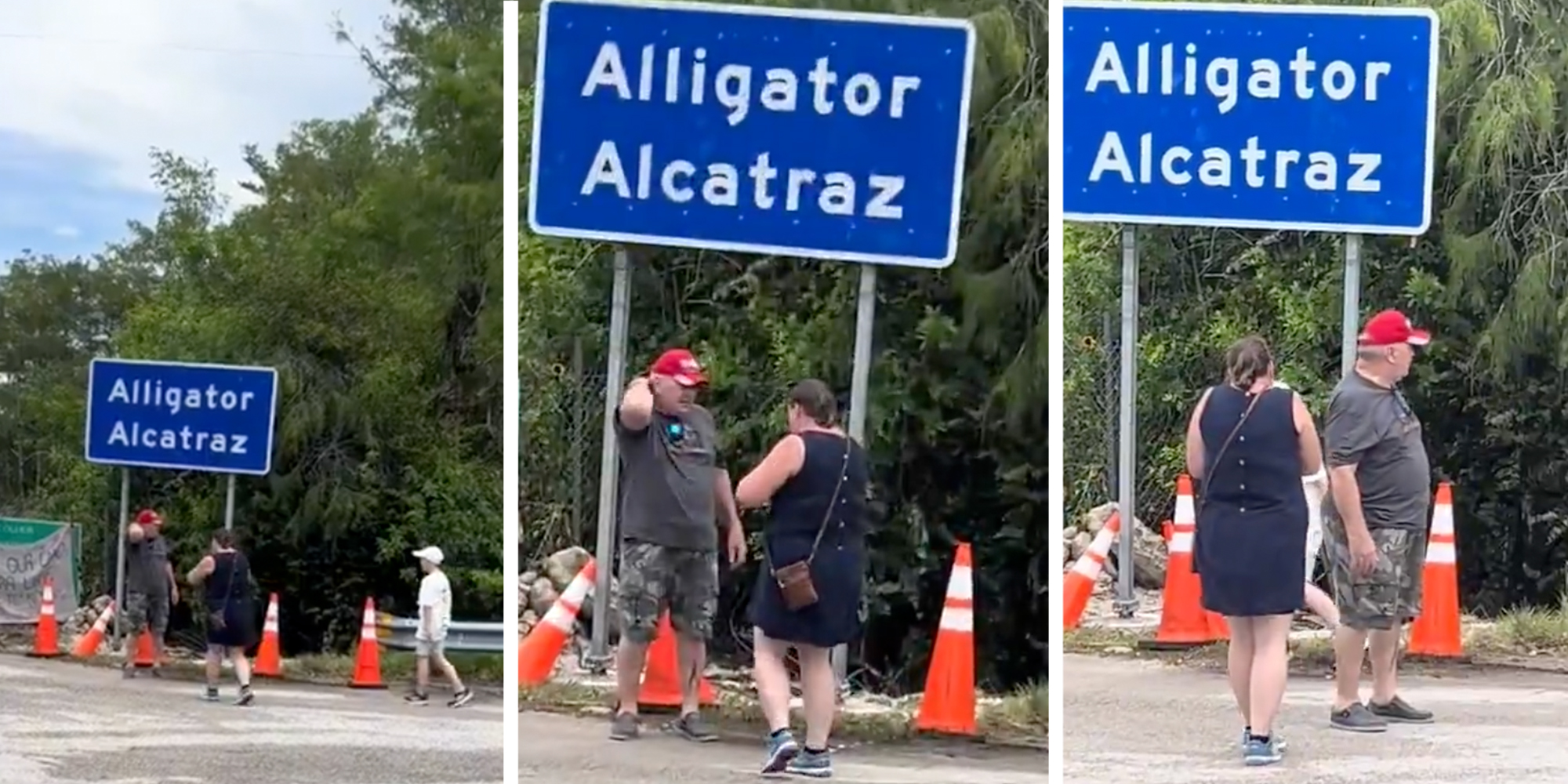 A woman taking photos of a man in a red Trump MAGA hat in front of the Alligator Alcatraz sign