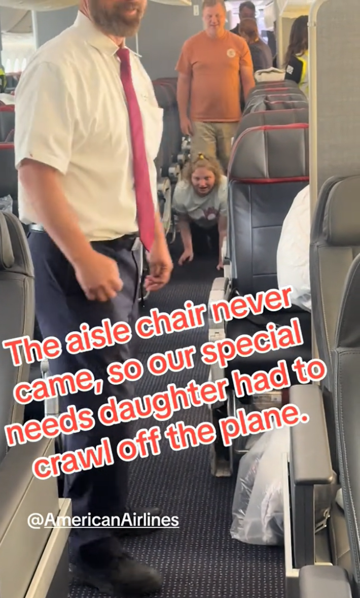 A disabled teenager crawls down a plane aisle because her aisle chair never showed up, according to the text overlay.