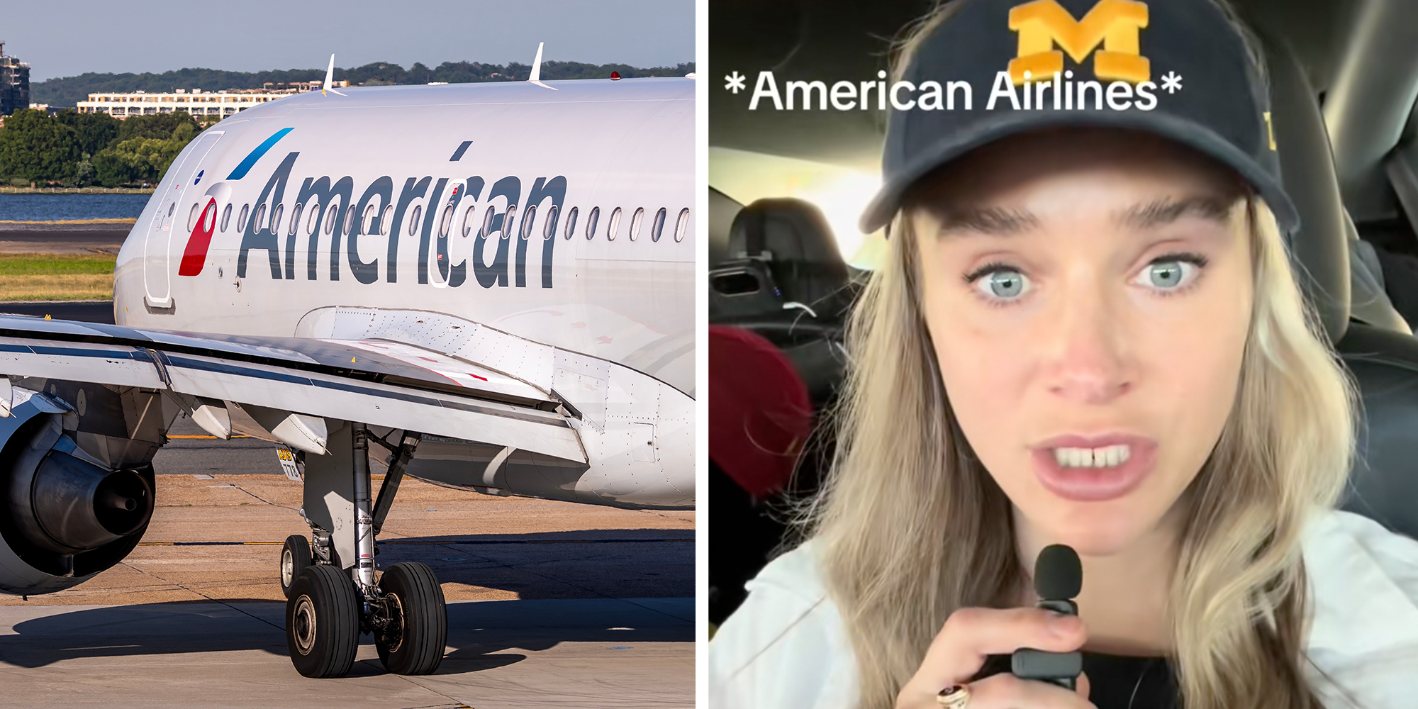 Left: An American Airlines Airbus A320 sits on the ramp at Ronald Reagan National Airport Right: Woman addressing American Airlines while sitting in her car
