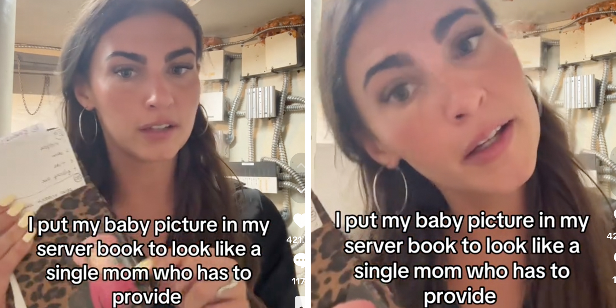 Server showing her server book with a baby picture of herself