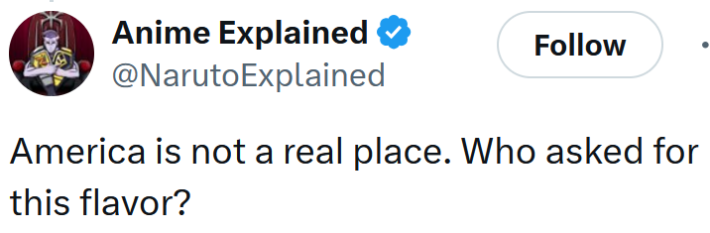 Tweet reading "America is not a real place. Who asked for this flavor?"