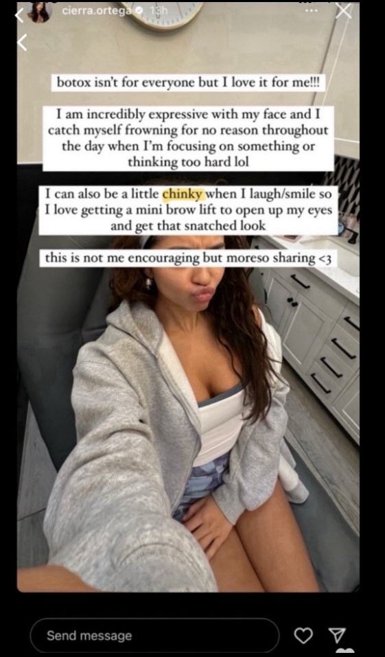 Selfie of Cierra Ortega at the cosmetic surgeon's office. THe slur she used is highlighted.
