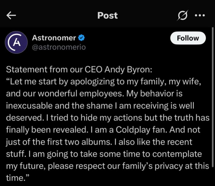 Fake statement from the CEO of Astronomer post-Coldplay concert.