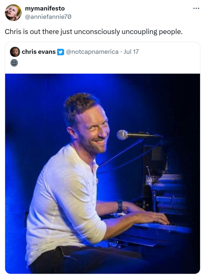 Tweet that reads, "Chris is out there just unconsciously uncoupling people."