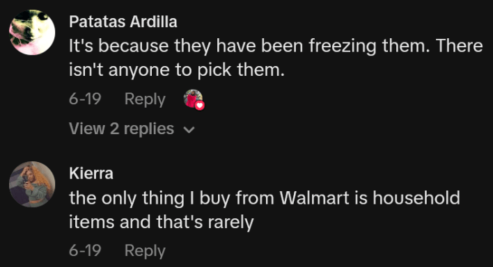 TikTok comments including one reading "It's because they have been freezing them. There isn't anyone to pick them."