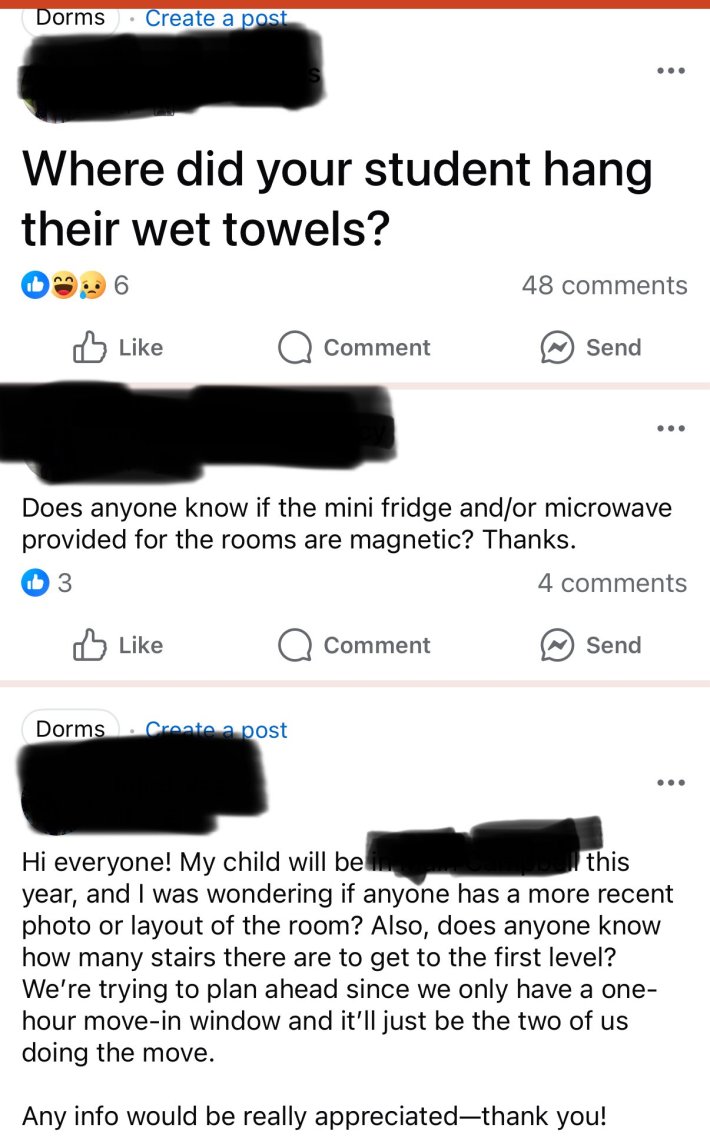 Facebook posts asking "Where did your student hang their wet towels?" and other questions.