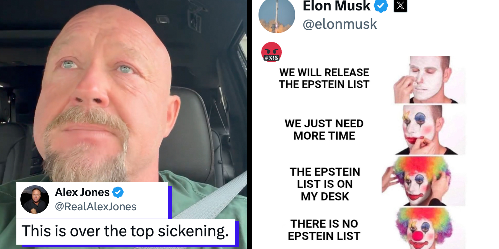 Left: Alex Jones crying on video in response to Jeffrey Epstein "no list" Right: Elon Musk responding with an angry Emoji to tweet about Jeffrey Epstein