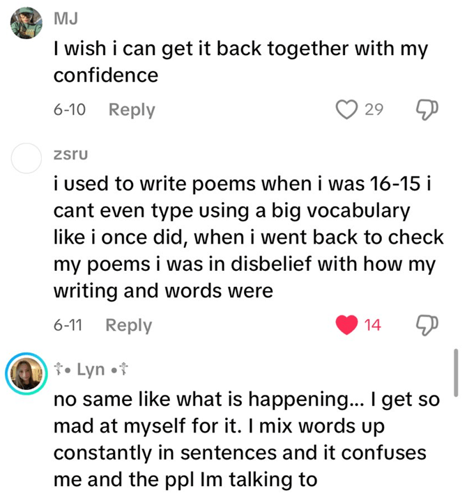 TikTok comments reporting cognitive decline from COVID infections.