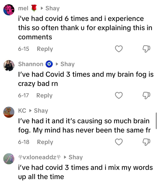TikTok comments reporting brain fog and confusion from COVID.