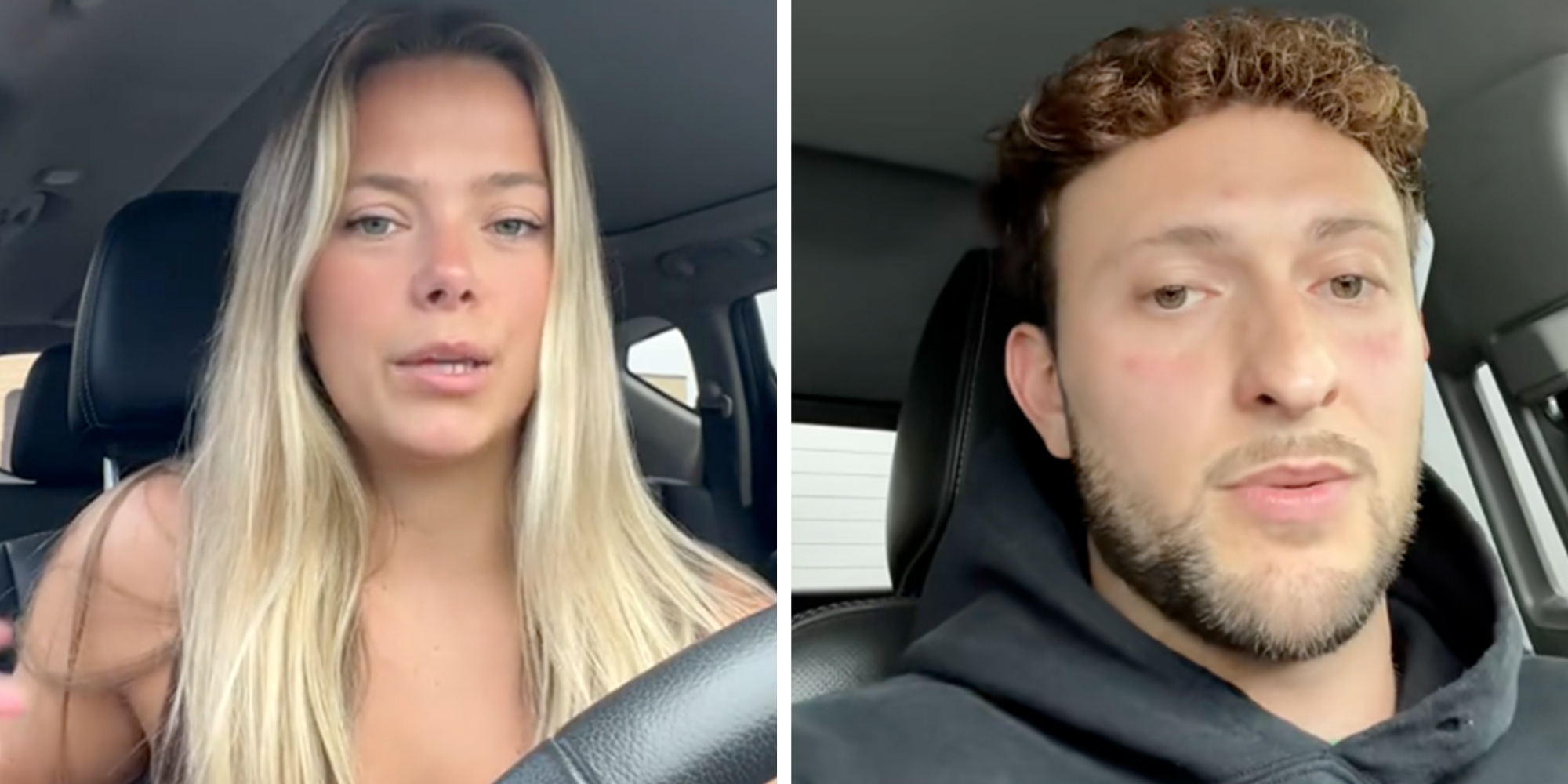 Left: Blonde woman speaking to camera in a car Right: Redhead man speaking to camera in a car