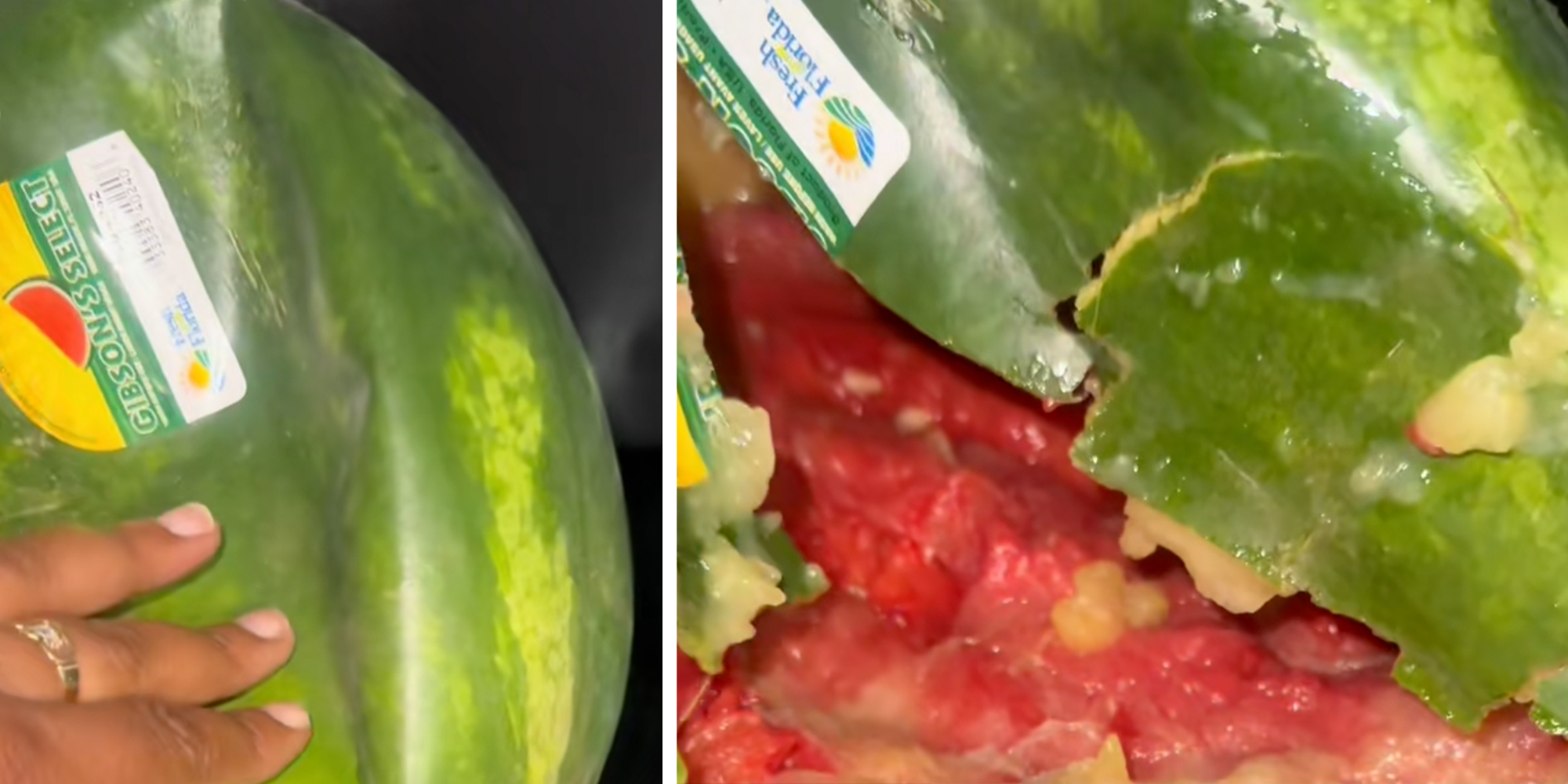 Woman cutting open gooey Walmart watermelon
