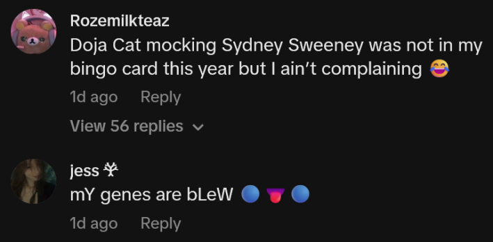 TikTok comments including one reading "Doja Cat mocking Sydney Sweeney was not in my bingo card this year but I ain’t complaining"