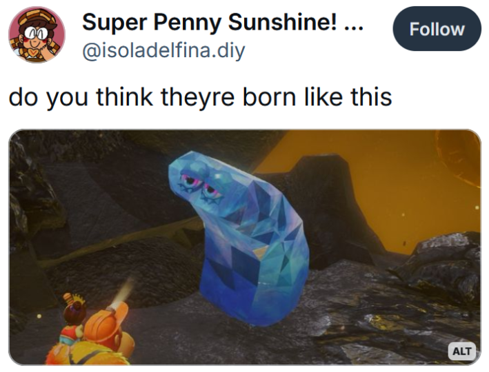 Bluesky post reading "do you think theyre born like this" with a screenshot from Donkey Kong Bananza.