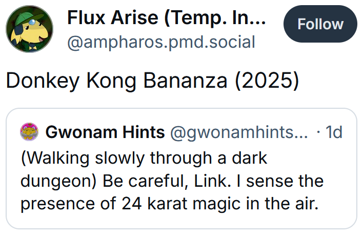 Bluesky quote post reading "Donkey Kong Bananza (2025)"