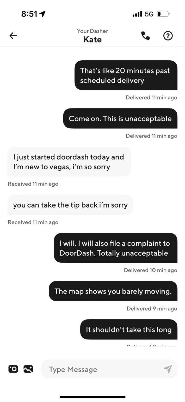 Doordash conversation screenshots, where the driver said she was new to the area and it was her first day on the job.