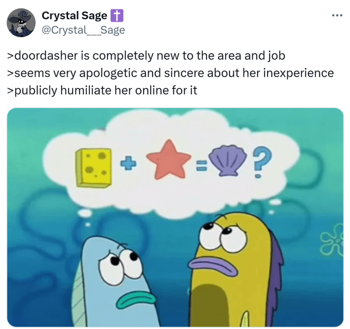 Tweet that reads, ">doordasher is completely new to the area and job>seems very apologetic and sincere about her inexperience>publicly humiliate her online for it" with an image from SpongeBob of fish trying to do picture math and looking confused.