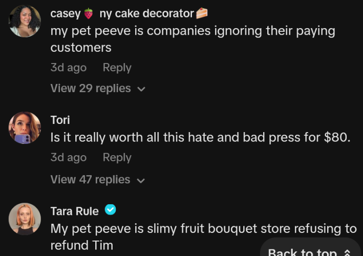 TikTok comments including one reading "my pet peeve is companies ignoring their paying customers"
