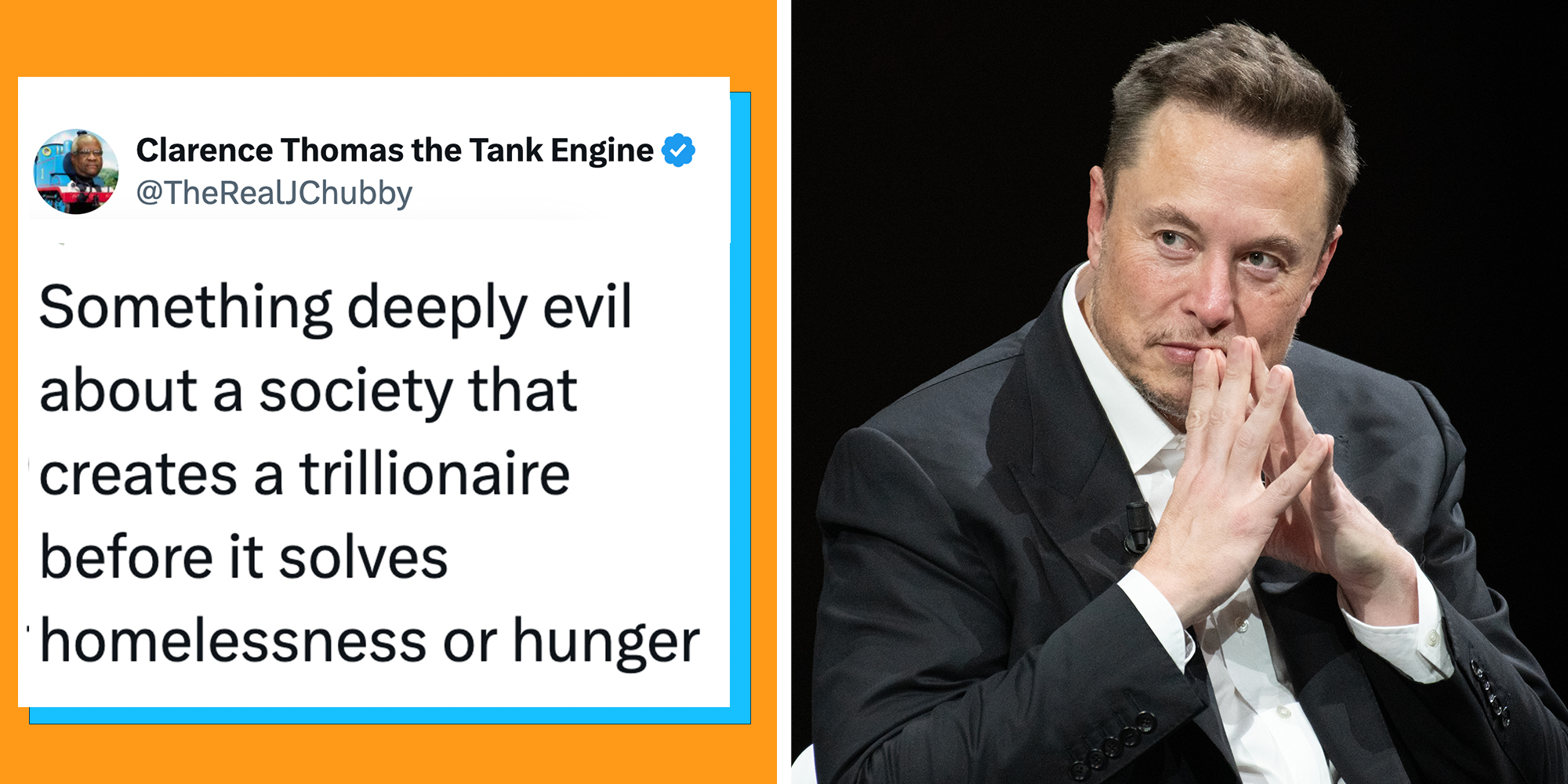 Left: Tweet reading "Something deeply evil about a society that creates a trillionaire before it solves homelessness or hunger." Right: Elon Musk, founder, CEO, and chief engineer of SpaceX, CEO of Tesla, CTO and chairman of Twitter, Co-founder of Neuralink and OpenAI, at VIVA Technology (Vivatech)
