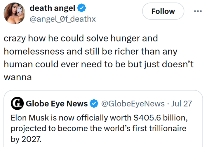 Tweet reading "crazy how he could solve hunger and homelessness and still be richer than any human could ever need to be but just doesn’t wanna"