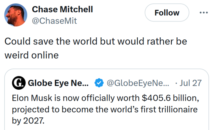 Tweet reading "Could save the world but would rather be weird online"