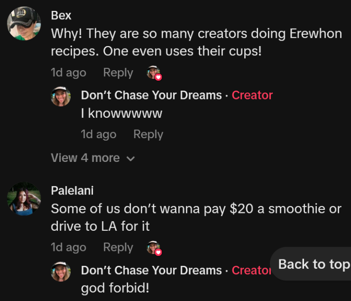 TikTok comments including one reading "Why! They are so many creators doing Erewhon recipes. One even uses their cups!"