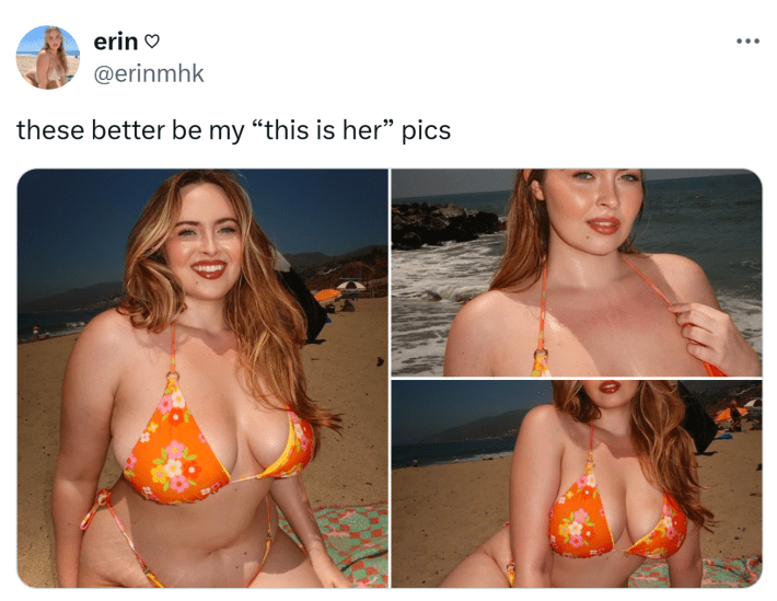 Tweet that reads, "these better be my 'this is her' pics" with photos of the model in an orange floral bikini on the beach.