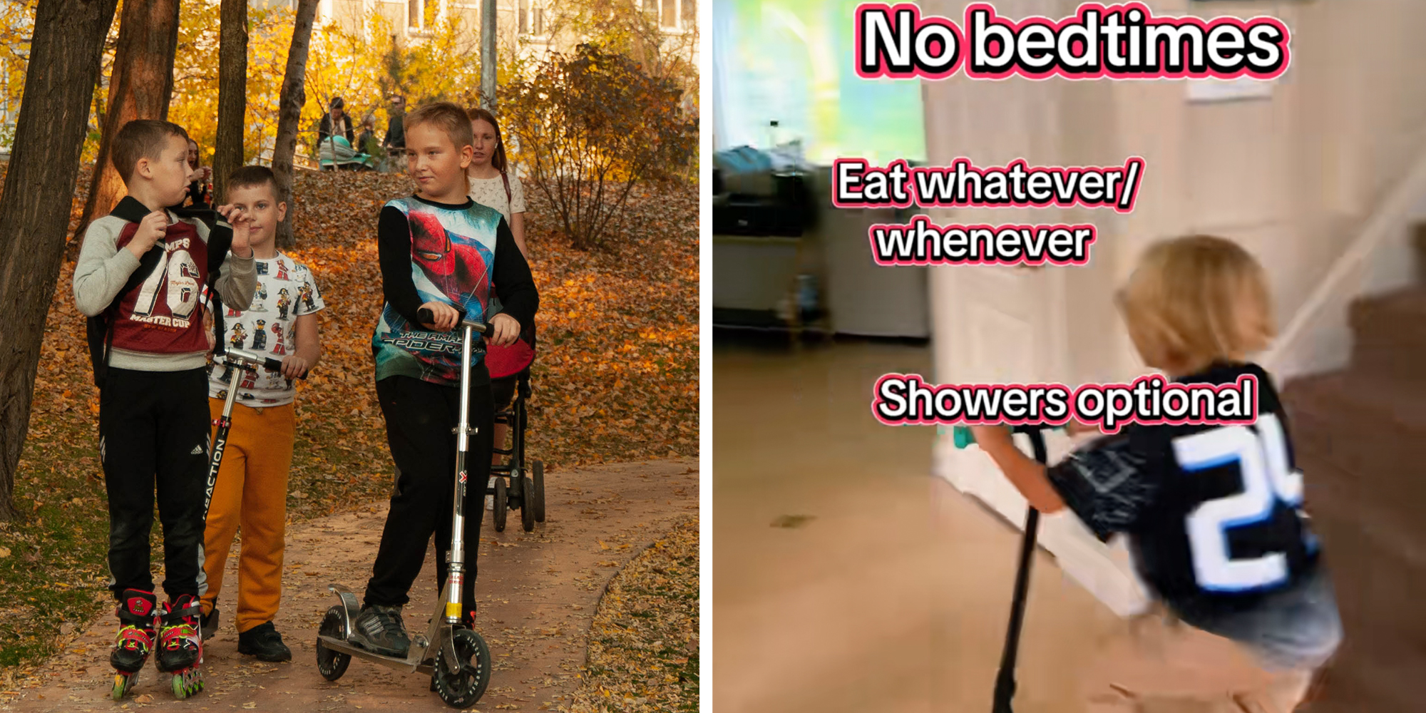 Left: Children ride scooters and roller skates in the autumn park Right: Boy riding scooter under caption reading: "No bedtimes, eat whatever/whenever, showers optional"