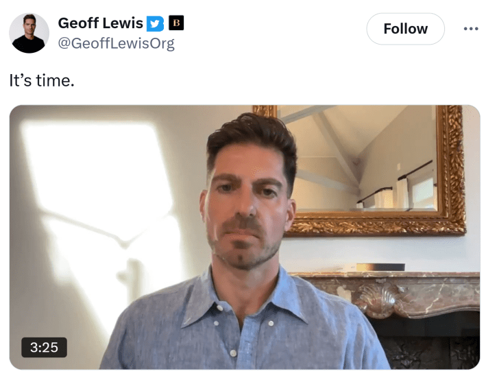 Tweet that says, "It's time." with a screenshot of a confessional-style video.