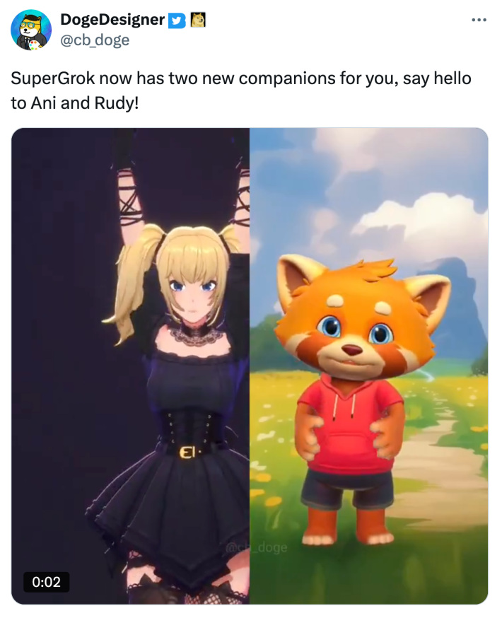 Tweet that reads, "SuperGrok now has two new companions for you, say hello to Ani and Rudy!" with images of those two characters.
