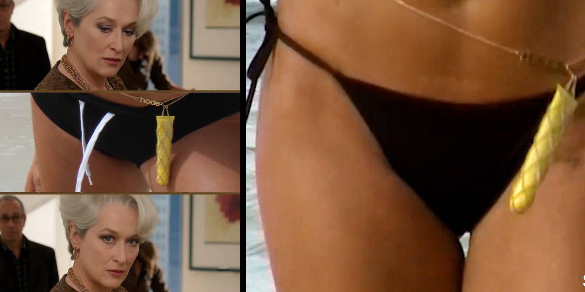 Left: The devil wears prada meme with Hailey Bieber's lip tint waist chain Right: Hailey Bieber wearing her new Rhode lip tint waist chain