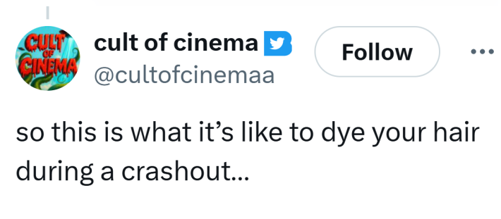 Tweet that reads, "so this is what it’s like to dye your hair during a crashout…"