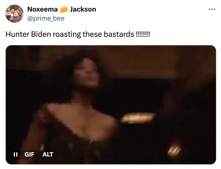 Tweet that reads, "Hunter Biden roasting these bastards !!!!!!!" with a GIF of a woman cheering and clapping.