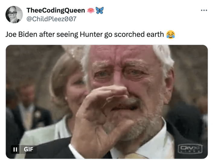 Tweet that reads, "Joe Biden after seeing Hunter go scorched earth 😂" with a GIF of Wilfred Mott crying and waving at The Doctor.