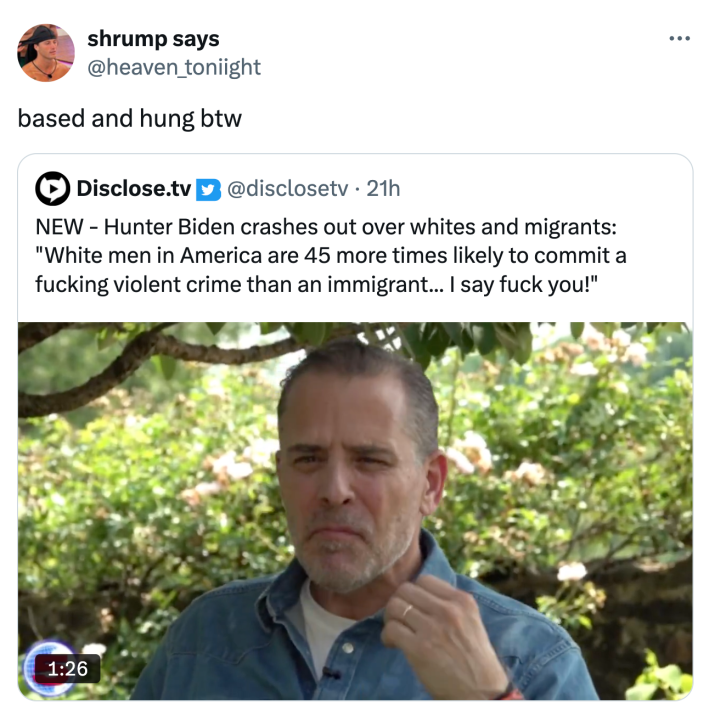 Tweet that reads, "based and hung btw" with a clip from Hunter Biden's interview saying, "White men in America are 45 more times likely to commit a f*cking violent crime than an immigrant."