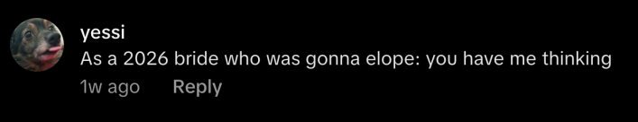 “As a 2026 bride who was gonna elope: you have me thinking.”