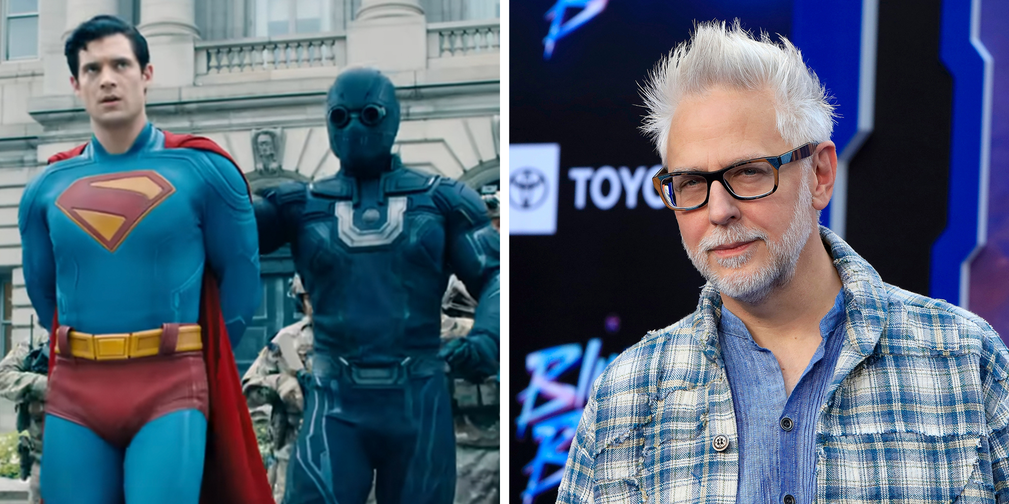 Left: Screenshot from 2025 Superman movie of Superman being arrested. Right: James Gunn at Blue Beetle Los Angeles Premiere at the TCL Chinese Theater IMAX on August 15, 2023 in Los Angeles, CA