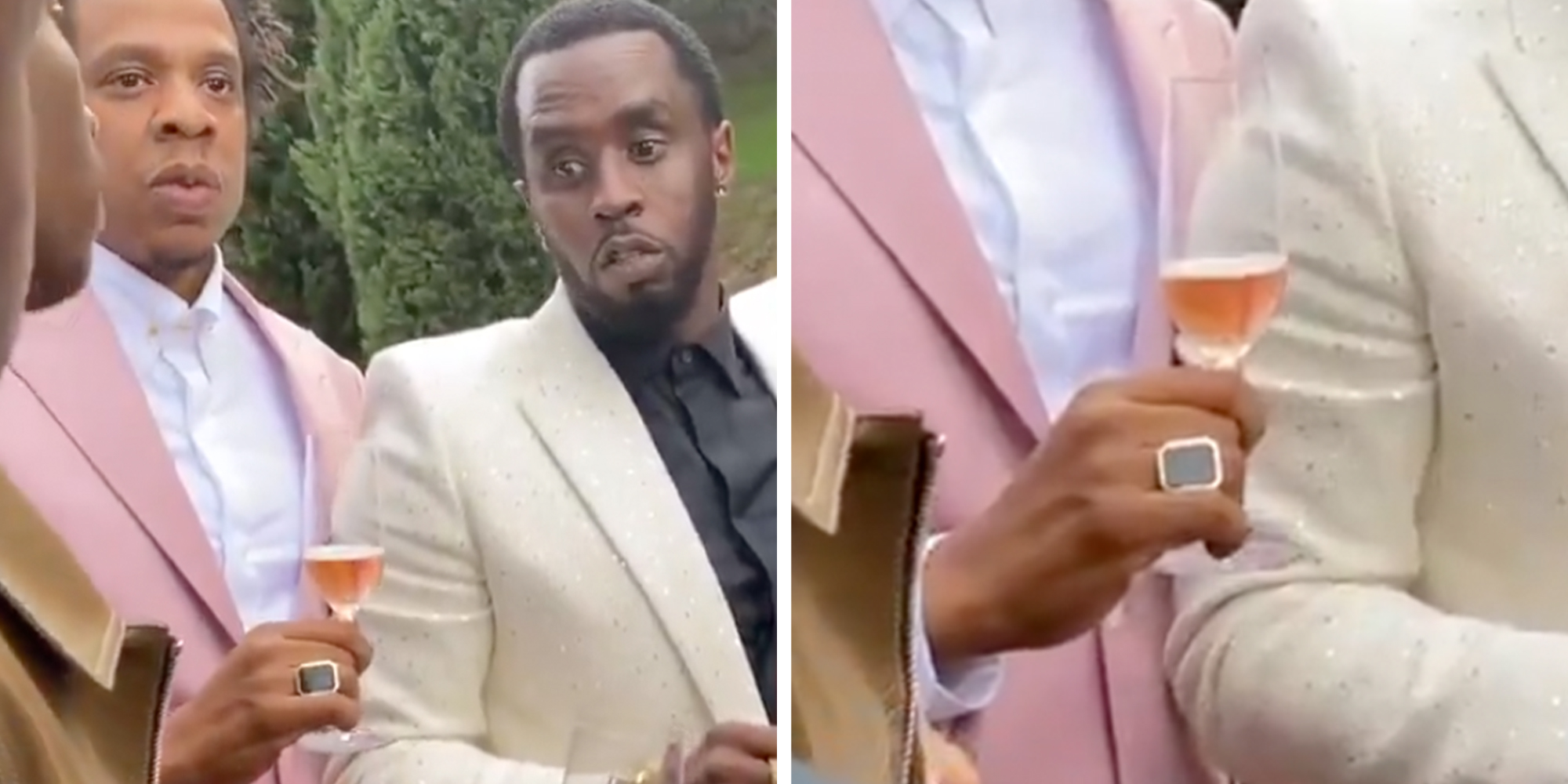 Jay-Z standing next to P Diddy wearing a black ring and holding a glass of rose wine