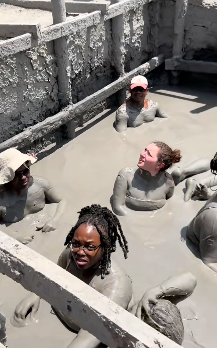 bathers soaking in wet cement
