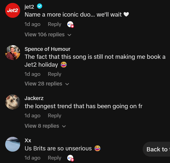 TikTok comments including one reading "Name a more iconic duo... we'll wait"