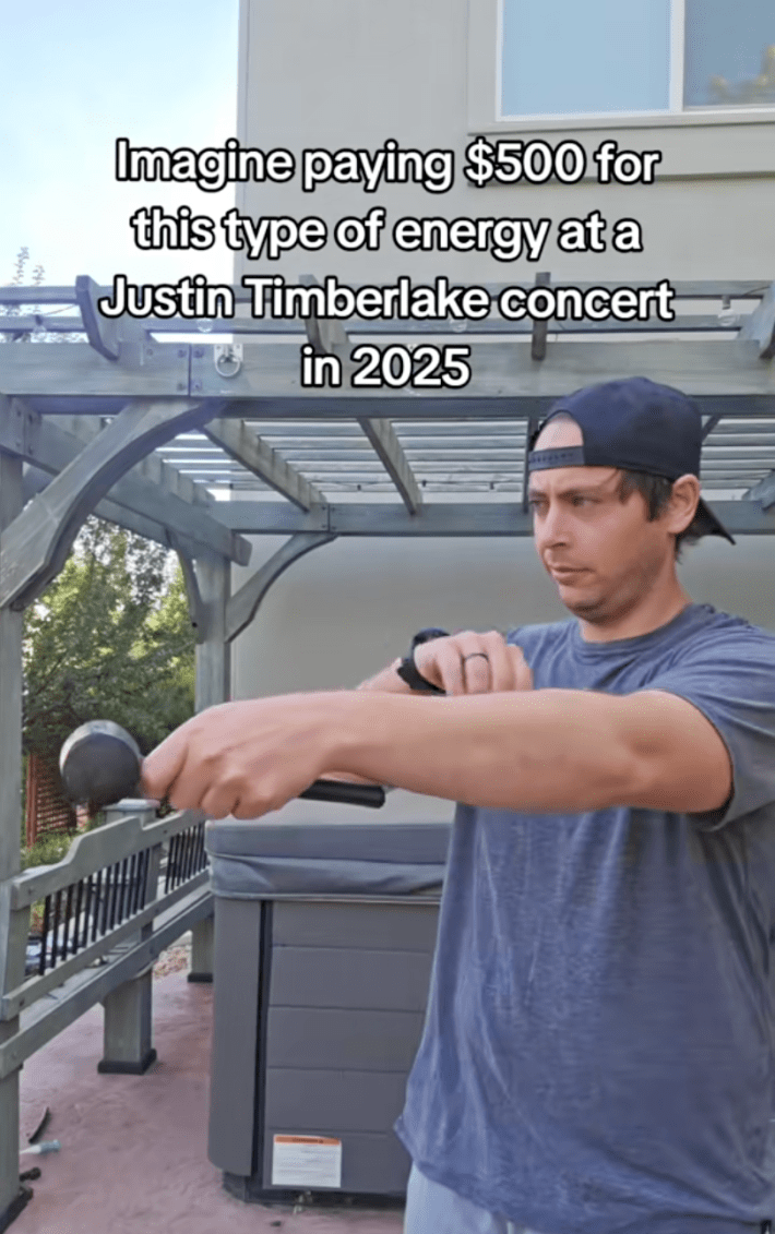 A man in a backwards baseball cap looking at his watch and looking bored with the caption, "Imagine paying $500 for this type of energy at a Justin Timberlake concert in 2025."