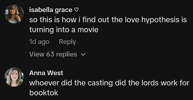 TikTok comments including one reading "whoever did the casting did the lords work for booktok"
