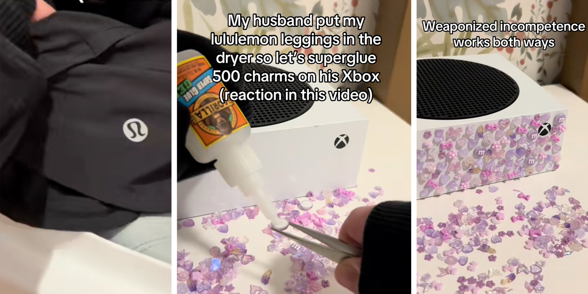Woman supergluing charms onto Xbox