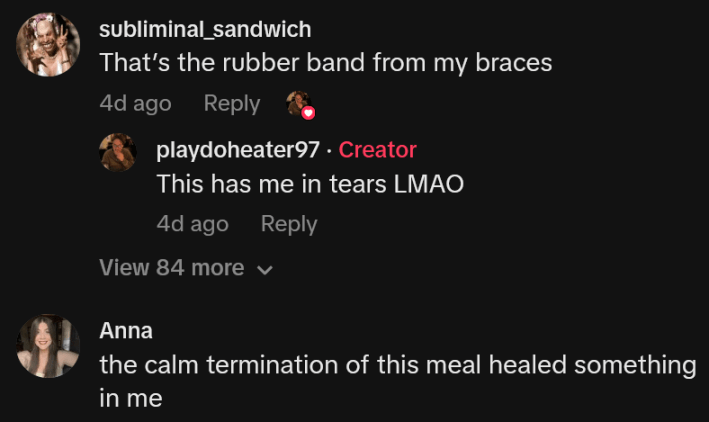 McDonald's snack wrap rotator cuff TikTok comments including one reading "That’s the rubber band from my braces"