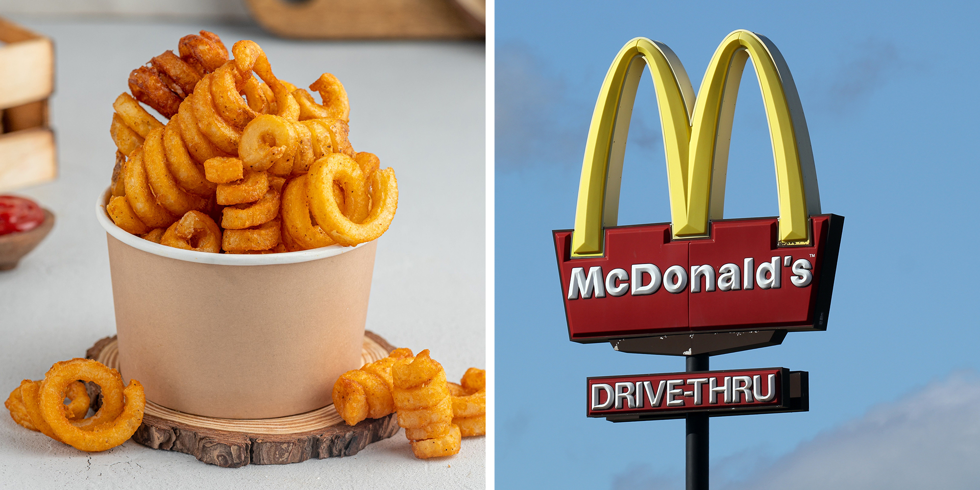 Left: A closeup of a white cup with Curly Fries Right: McDonald's sign against a blue sky with clouds